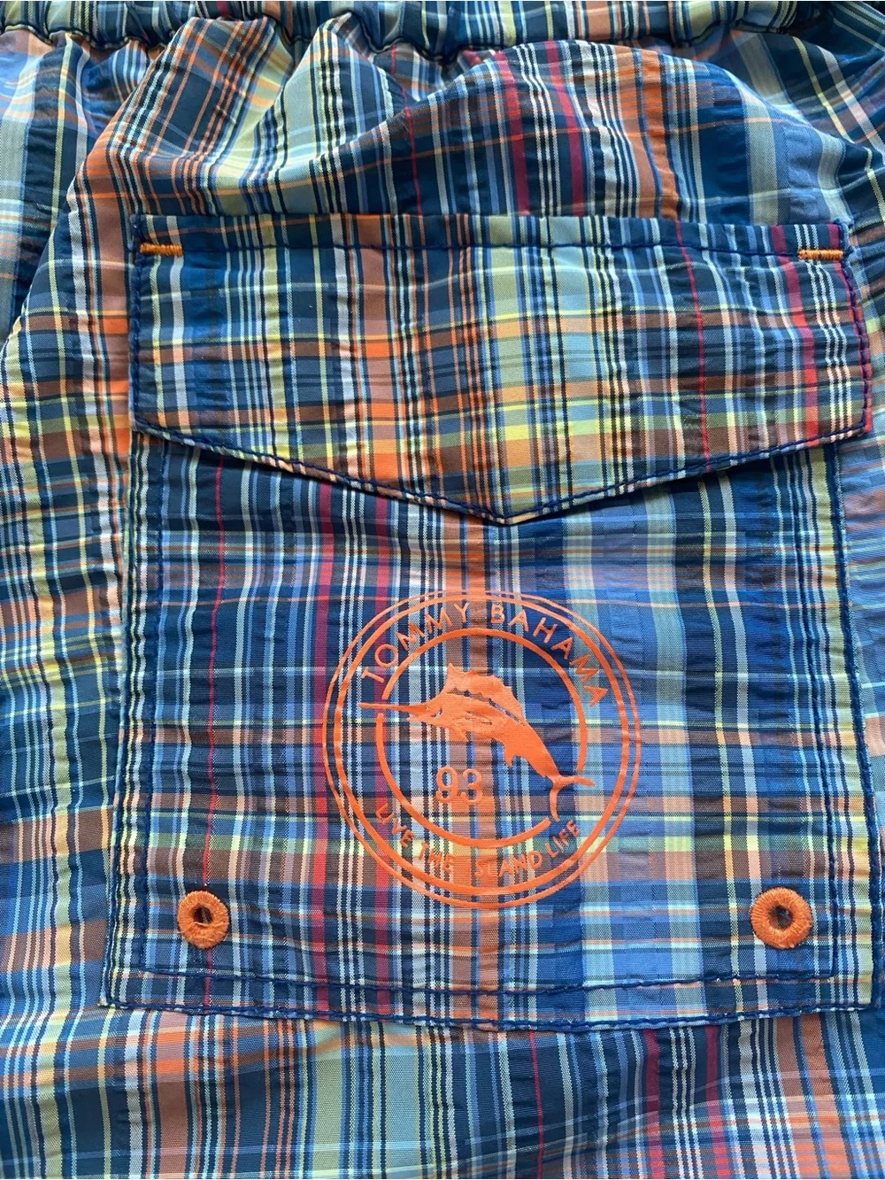 Tommy Bahama Mens XL Swim Trunks Plaid Blue Orange Mesh Lined Beach Shorts - Picture 10 of 16
